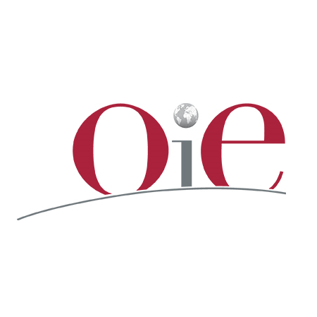 Image of the OIE logo, which has a red letter o, a grey letter i with an image of a globe as the dot, and a red letter e.