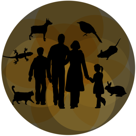 Image du logo de Worms and Germs, lequel représente des silhouettes noires de quatre personnes entourées d’animaux sur un fond brun.